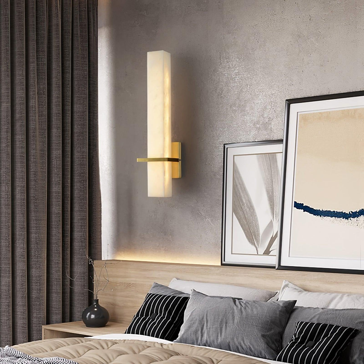 Top-down view of sconce mounted on wall beside furniture