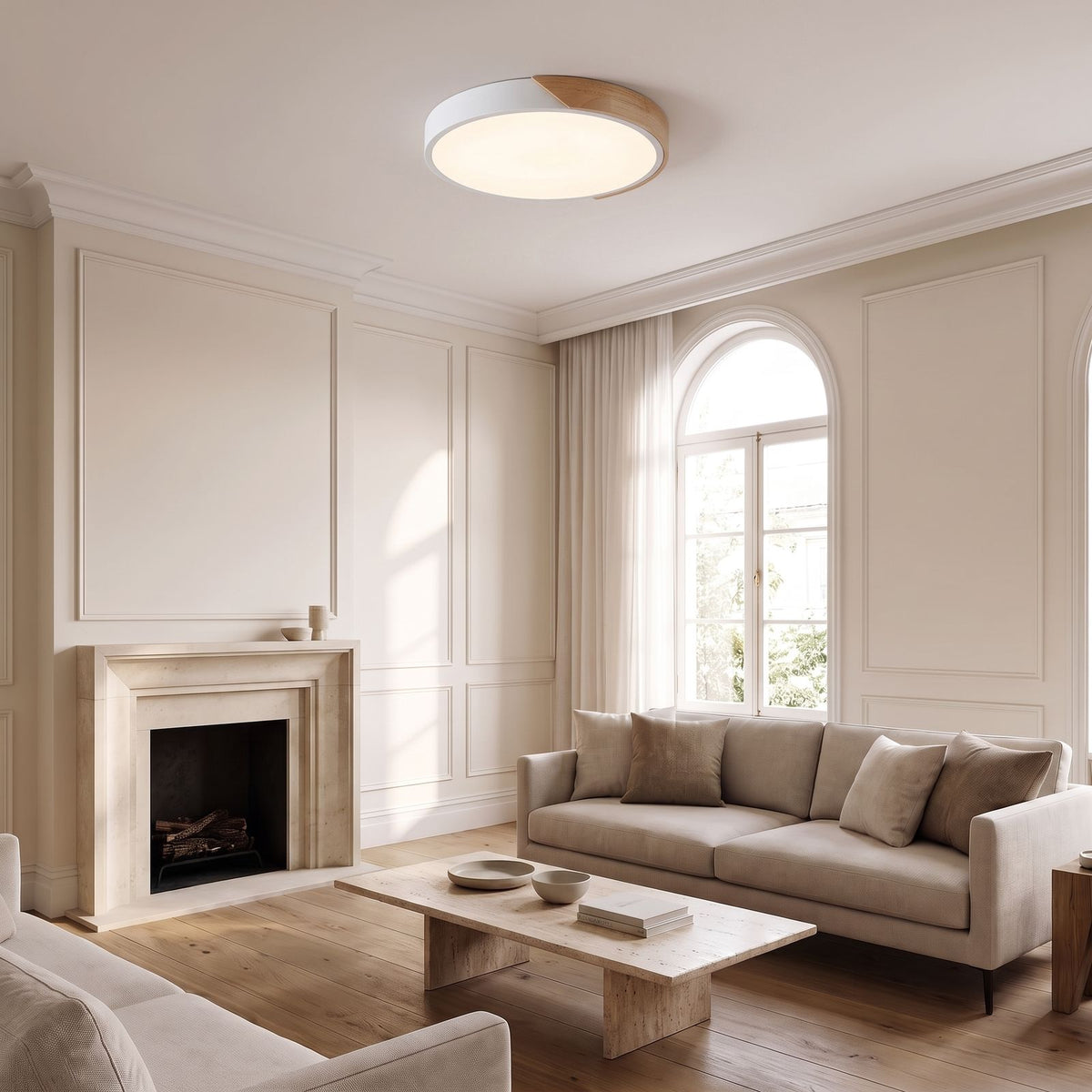 Ultra thin wood trim LED oyster ceiling light in white, mounted flush in a classic panelled living room
