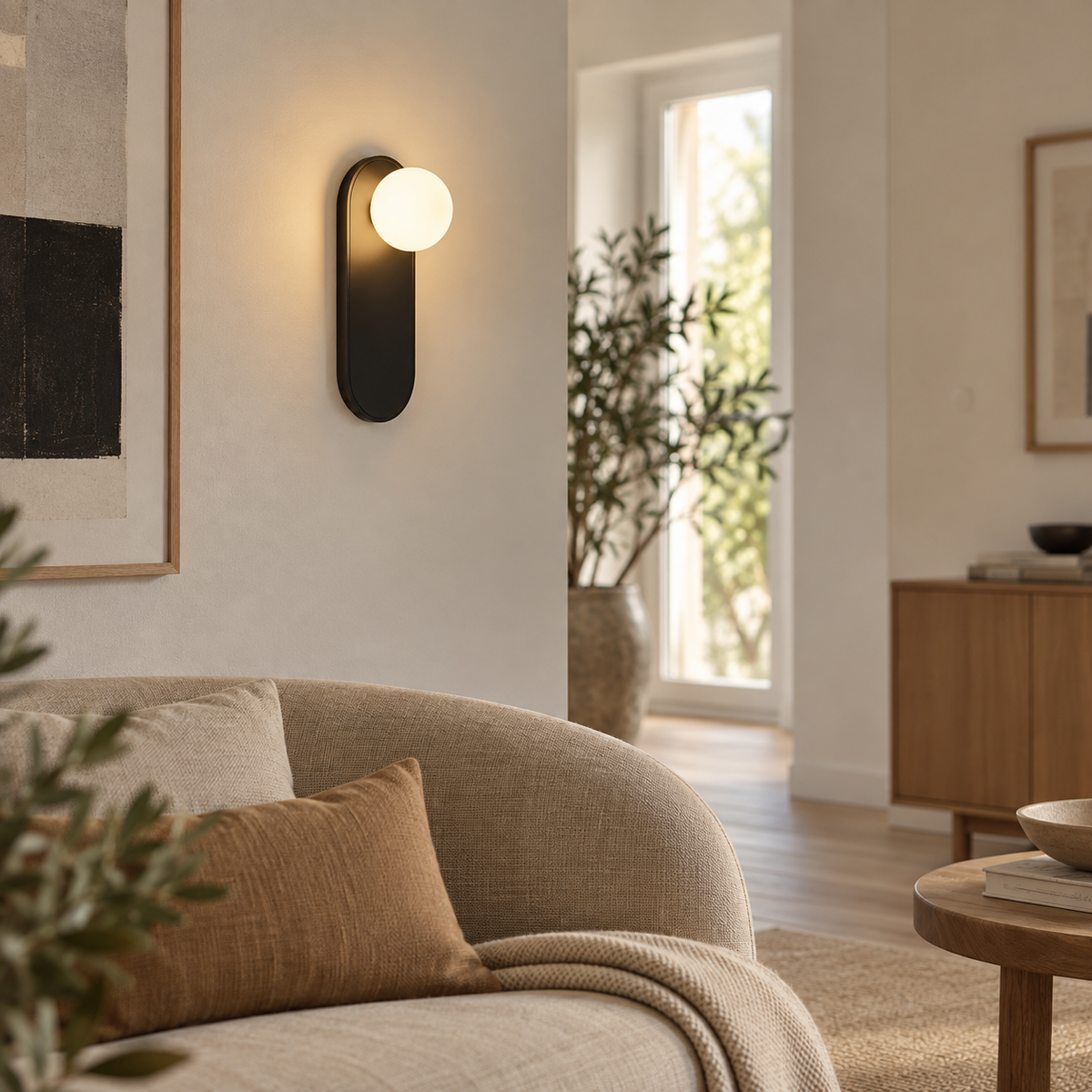 Valença oval plate wall sconce in white, in a living room.