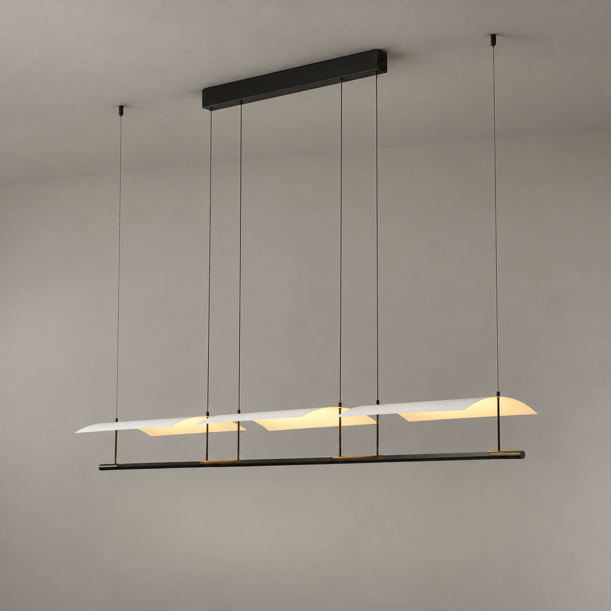 Veilane triple wing LED pendant, 69.7 in, matte black and white silicone, light on, full view