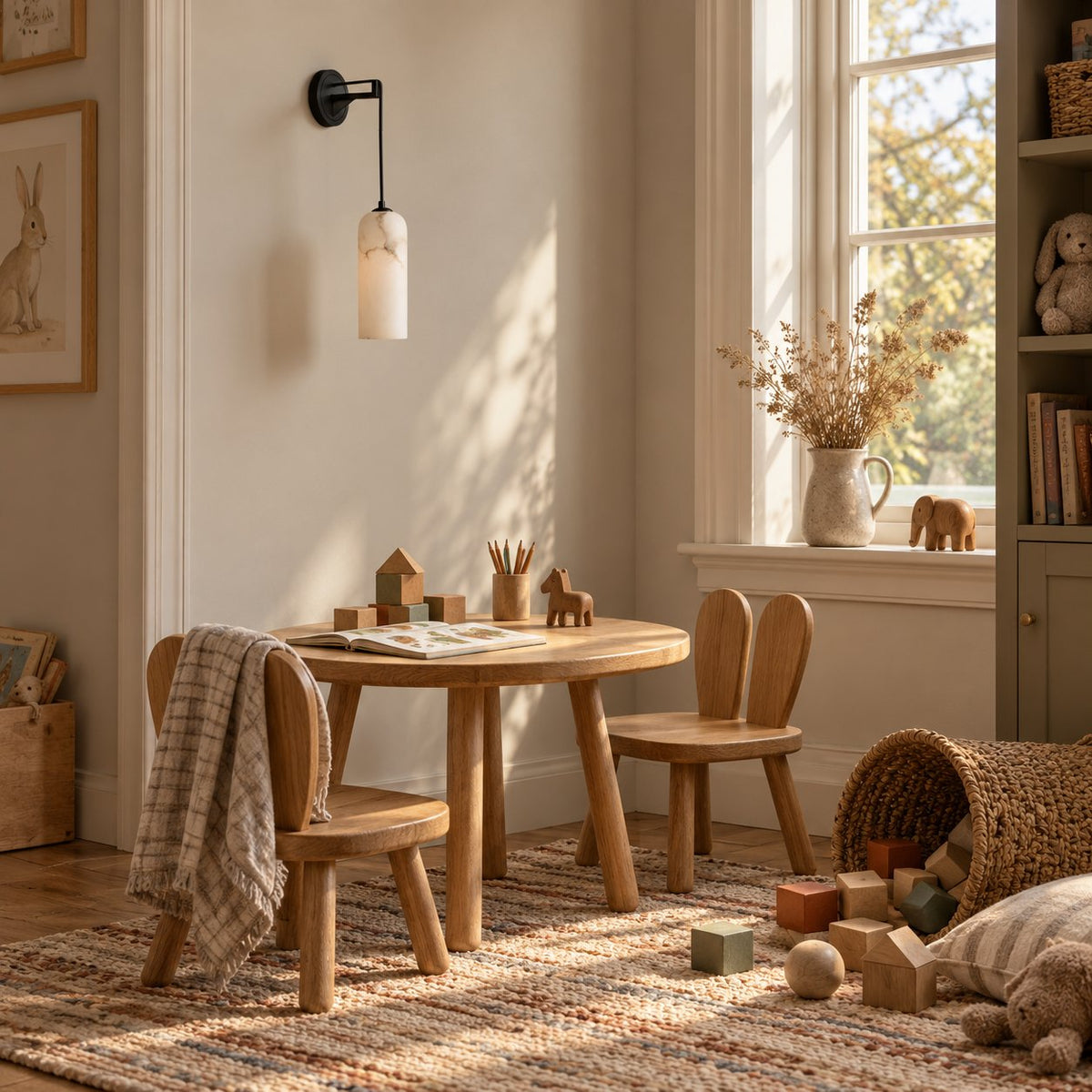 Zêzere black arc sconce with a hanging alabaster cylinder shade above a child's play table.