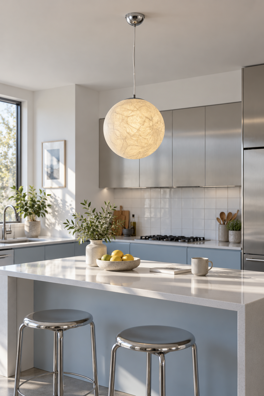 Globe Pendant Light Mulberry Silk Chrome Spherical Hanging Ceiling Fixture Home Lighting