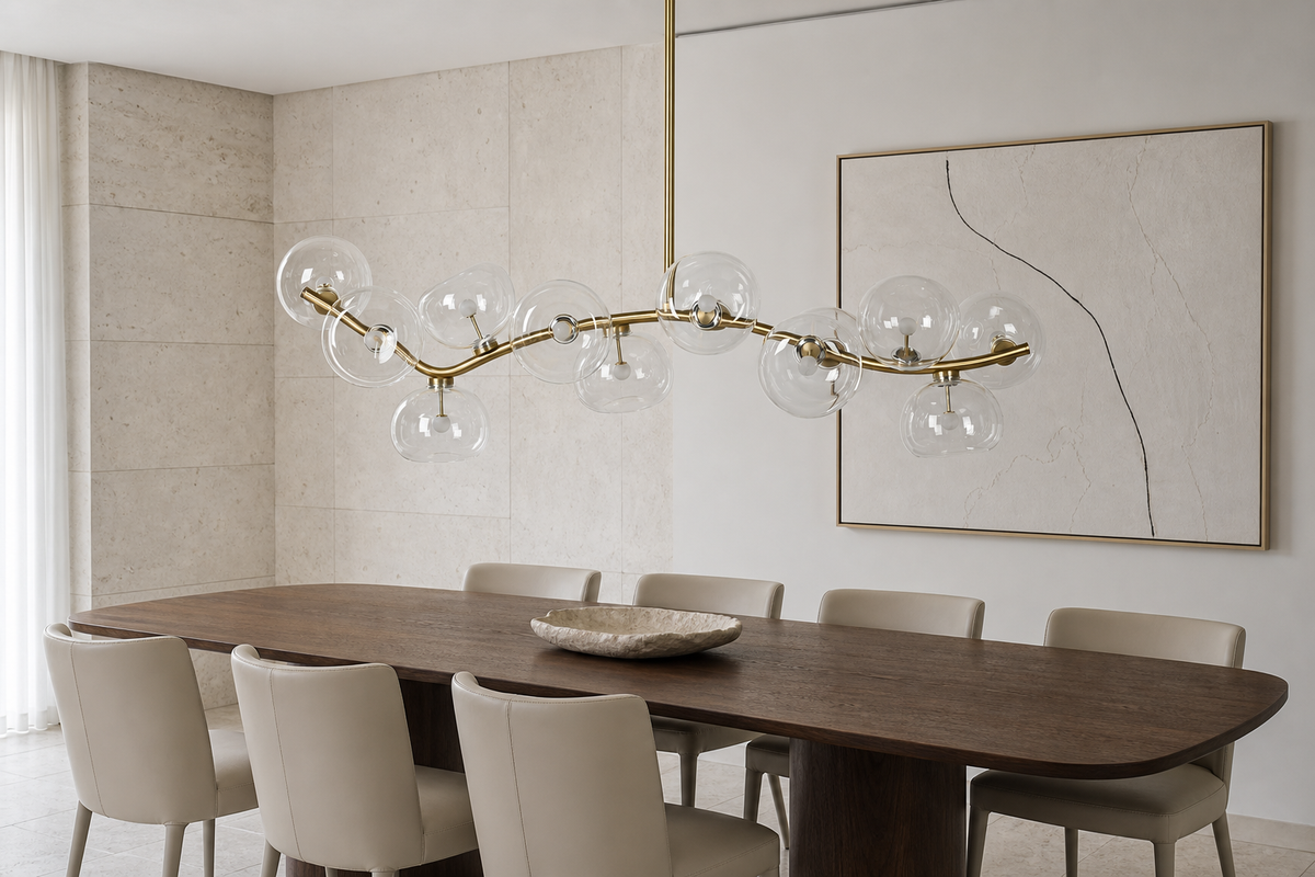 Clear glass 13-light linear chandelier with the lights off in a modern dining room