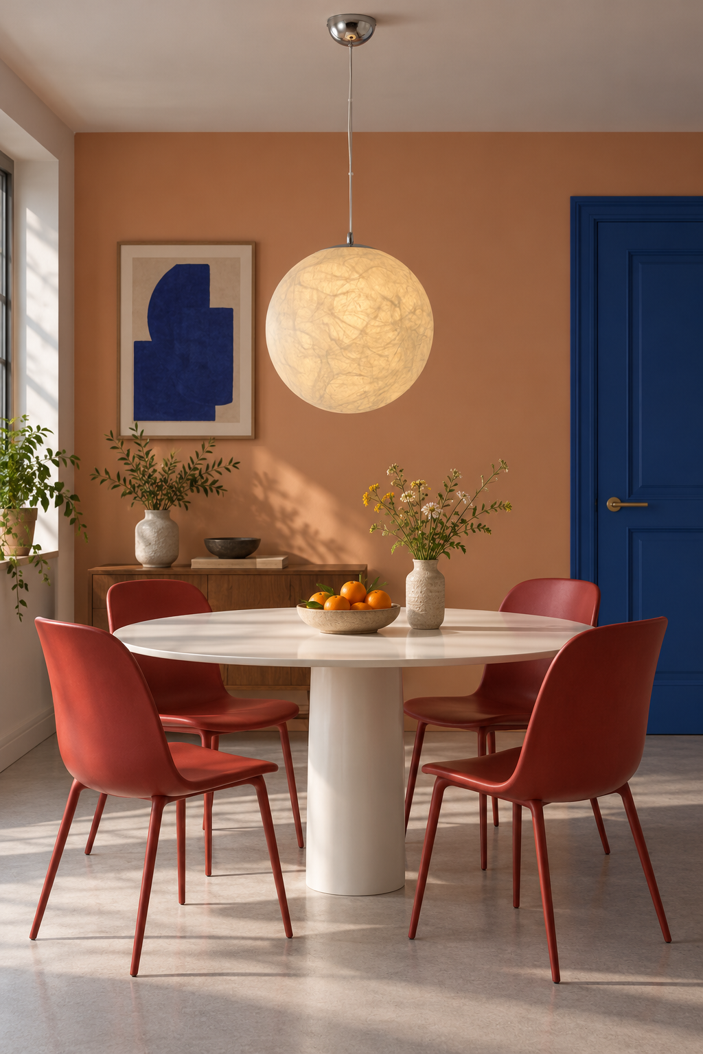50 cm mulberry silk globe pendant above a white dining table with red chairs and a blue door