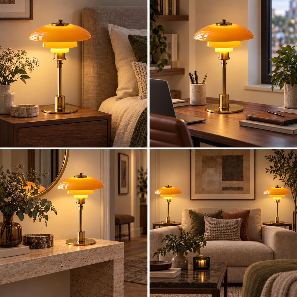 Antique Gold Nordic table lamp shown on a bedside table, desk, hallway console and living-room side tables