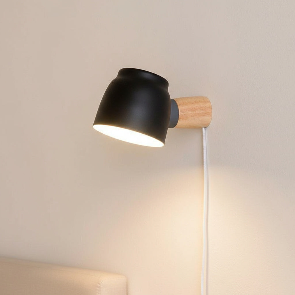 Nordic Plug-In Wall Sconce Dome Shade Wood Arm 3 Color Bedside Reading Light