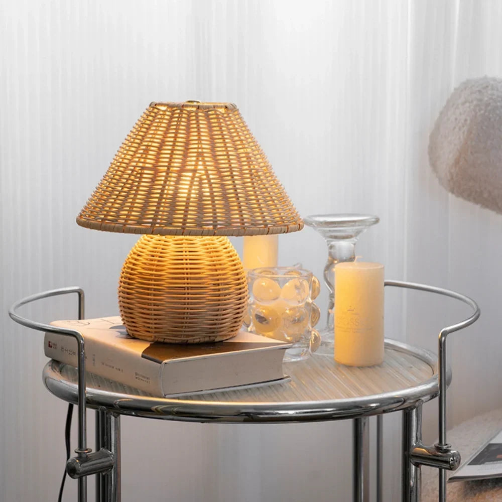 Wood Table Lamp Rattan Woven Dome Shade Round Base USB Bedside Nightstand Lighting