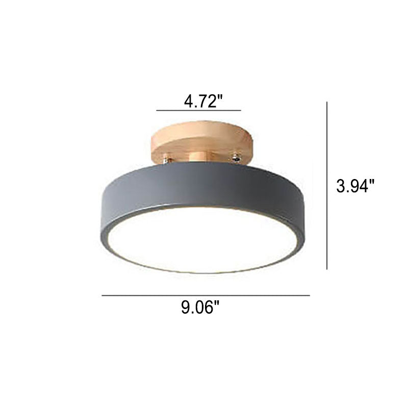 LED Semi Flush Ceiling Lights Round Wood Drum Shade Dimmable Hallway Bedroom