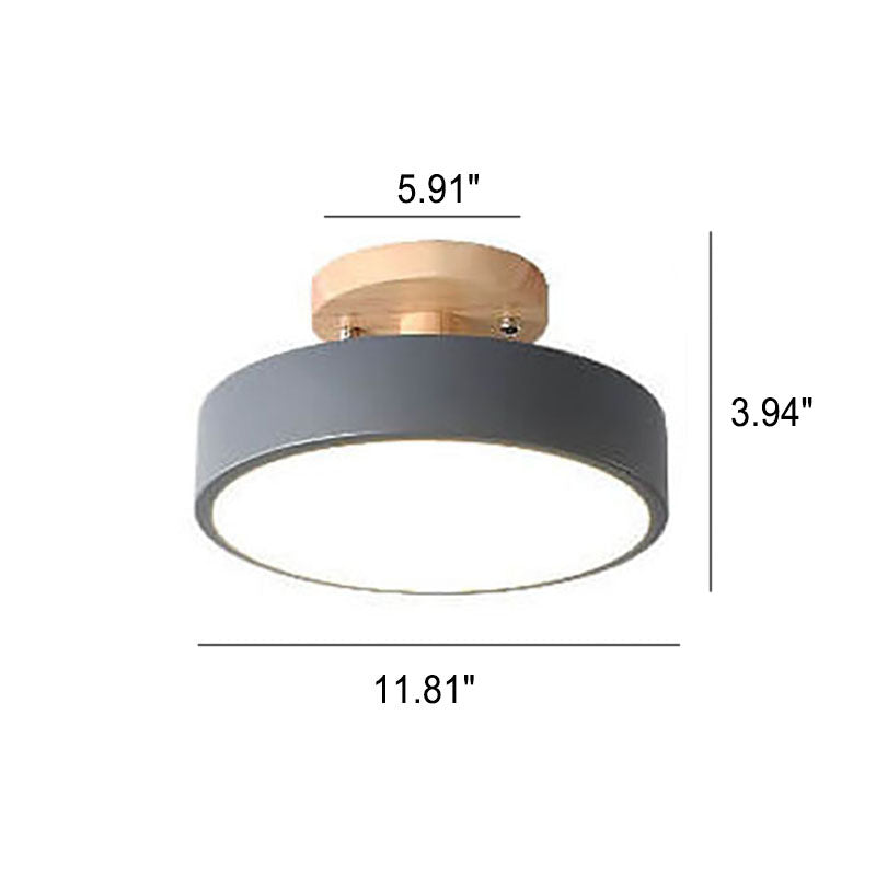 LED Semi Flush Ceiling Lights Round Wood Drum Shade Dimmable Hallway Bedroom