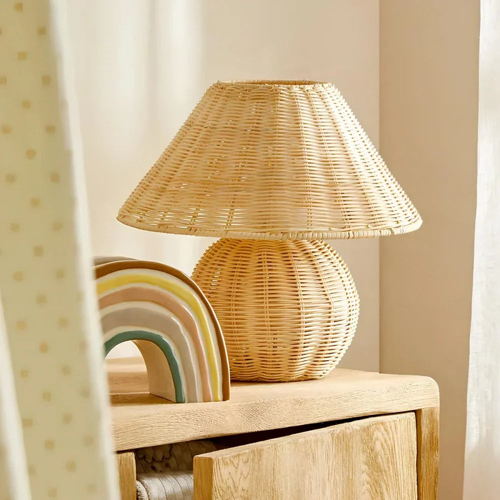 Wood Table Lamp Rattan Woven Dome Shade Round Base USB Bedside Nightstand Lighting