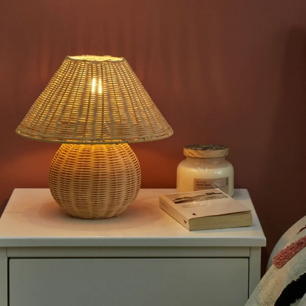 Wood Table Lamp Rattan Woven Dome Shade Round Base USB Bedside Nightstand Lighting