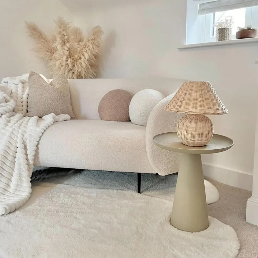 Wood Table Lamp Rattan Woven Dome Shade Round Base USB Bedside Nightstand Lighting