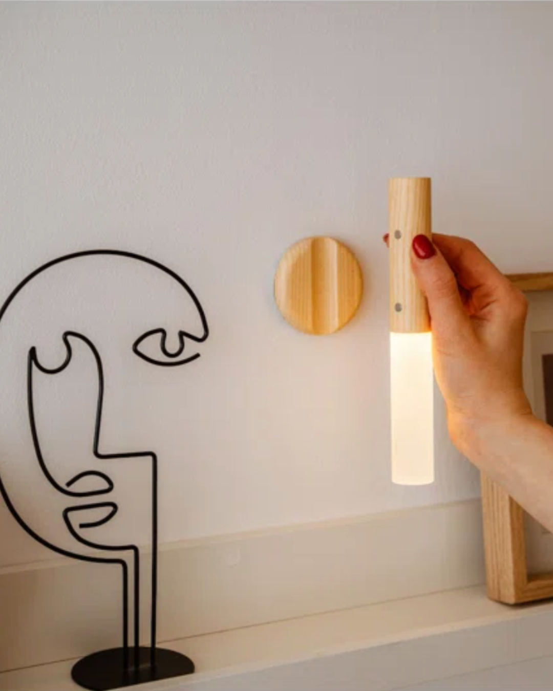 Wren cordless wooden wall sconce, lifts off to use as a flashlight