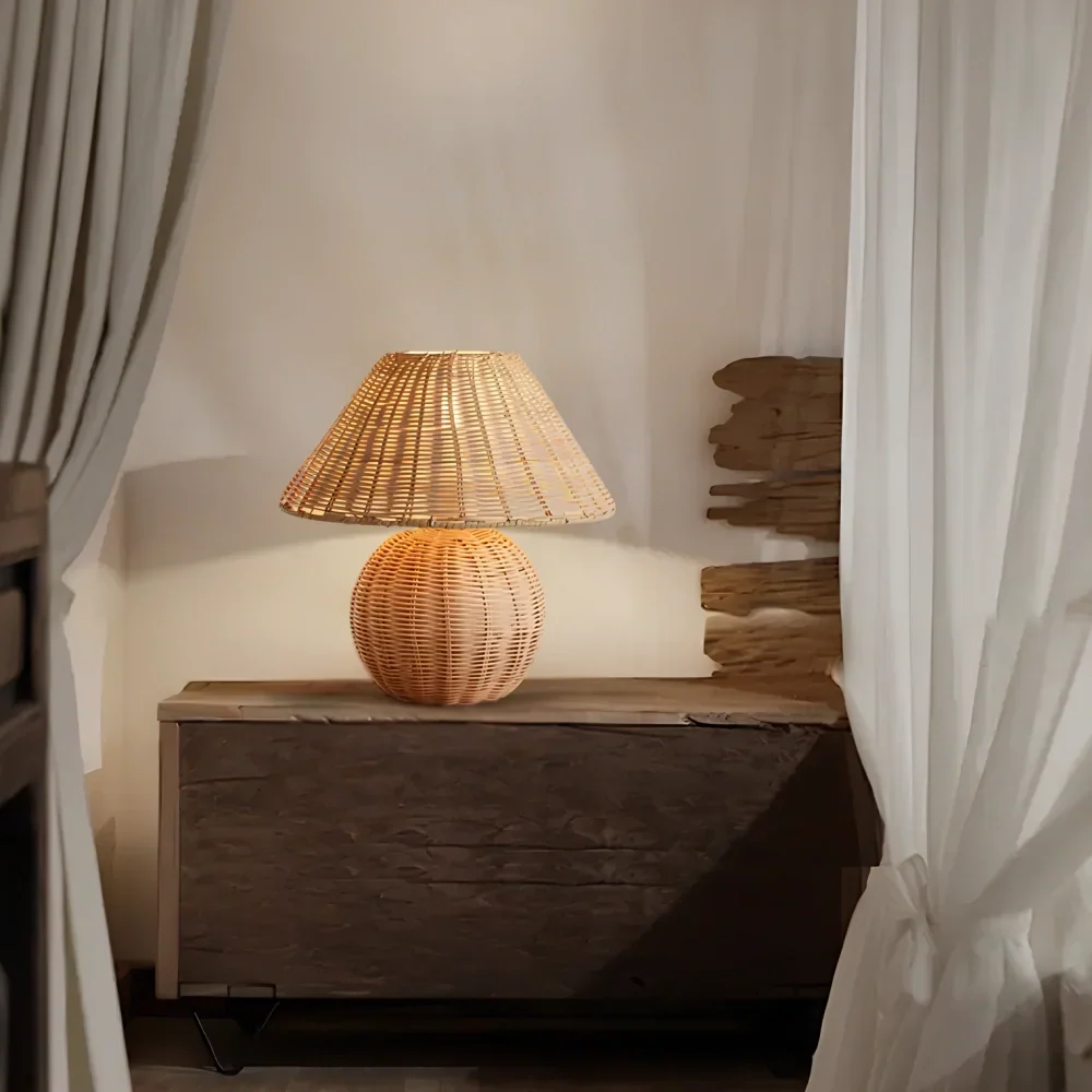 Wood Table Lamp Rattan Woven Dome Shade Round Base USB Bedside Nightstand Lighting