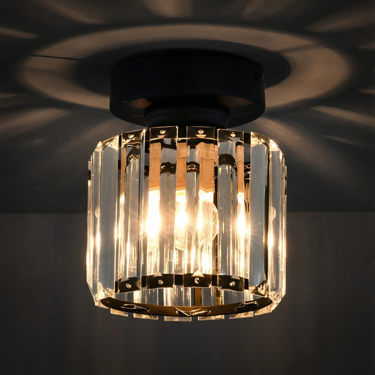 Crystal Drum Flush Mount Ceiling Light Metal Frame Gold Black Square Shade Indoor