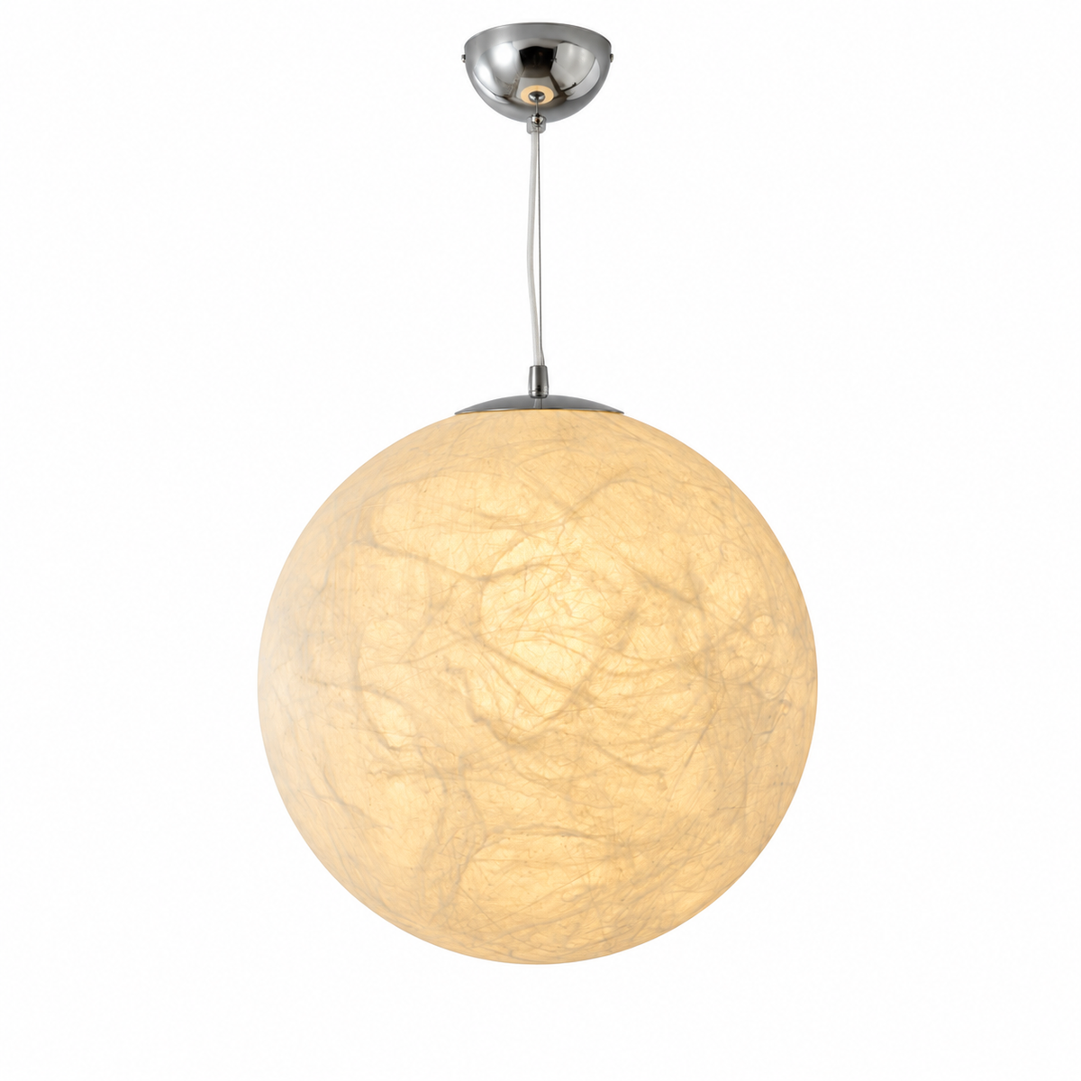Ivory silk globe pendant with chrome canopy on white