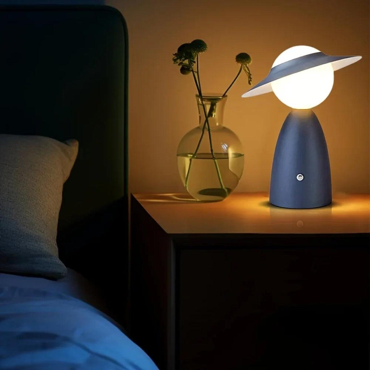 Figure-Shaped Metal Table Lamp Frosted Globe Shade Hat Design Cordless Bedside Nightstand Light