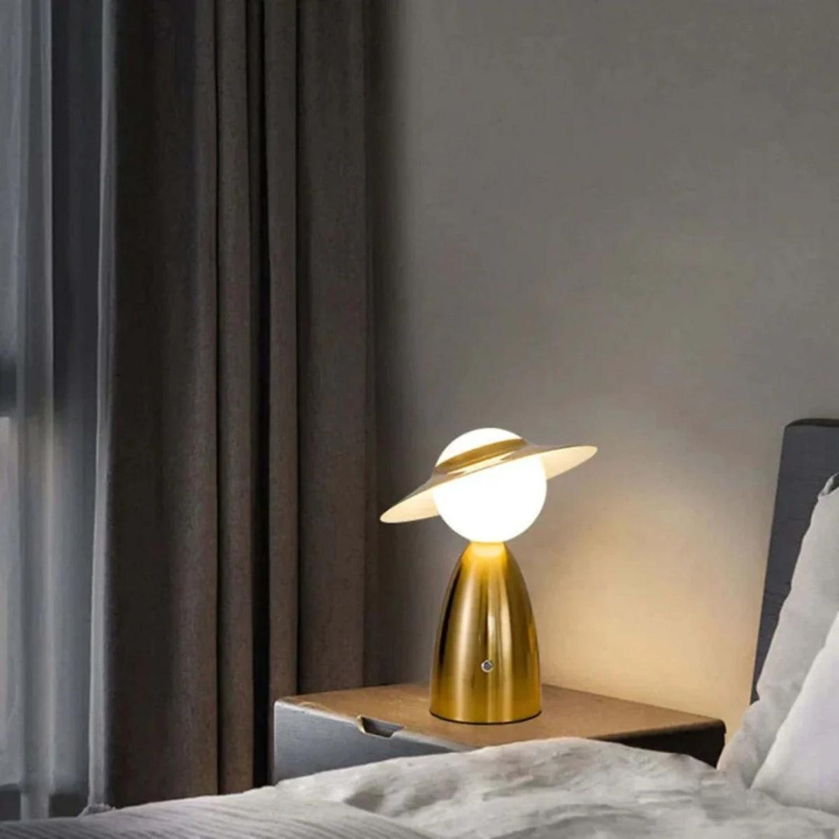 Figure-Shaped Metal Table Lamp Frosted Globe Shade Hat Design Cordless Bedside Nightstand Light