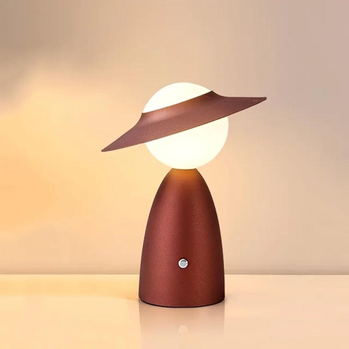 Figure-Shaped Metal Table Lamp Frosted Globe Shade Hat Design Cordless Bedside Nightstand Light