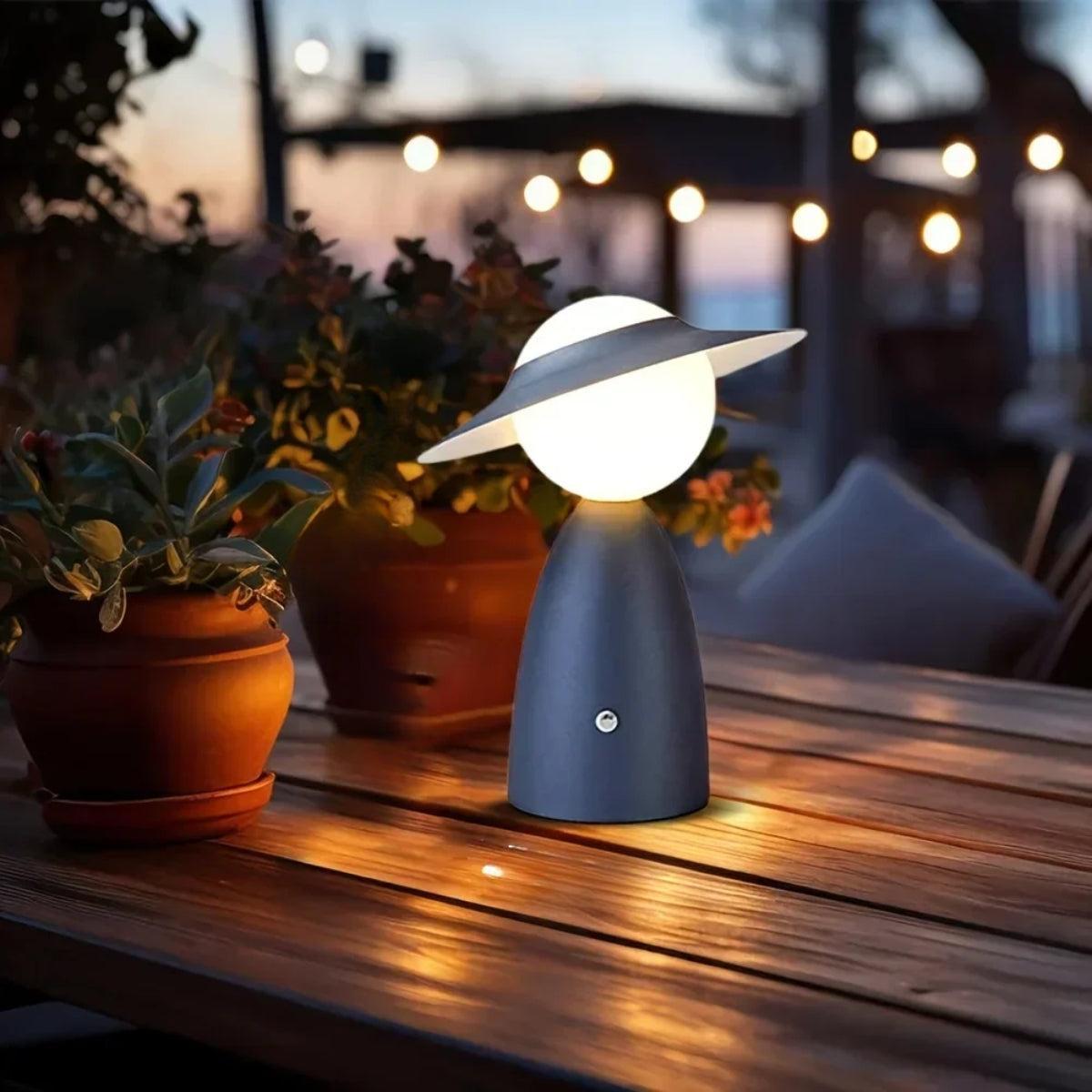 Figure-Shaped Metal Table Lamp Frosted Globe Shade Hat Design Cordless Bedside Nightstand Light