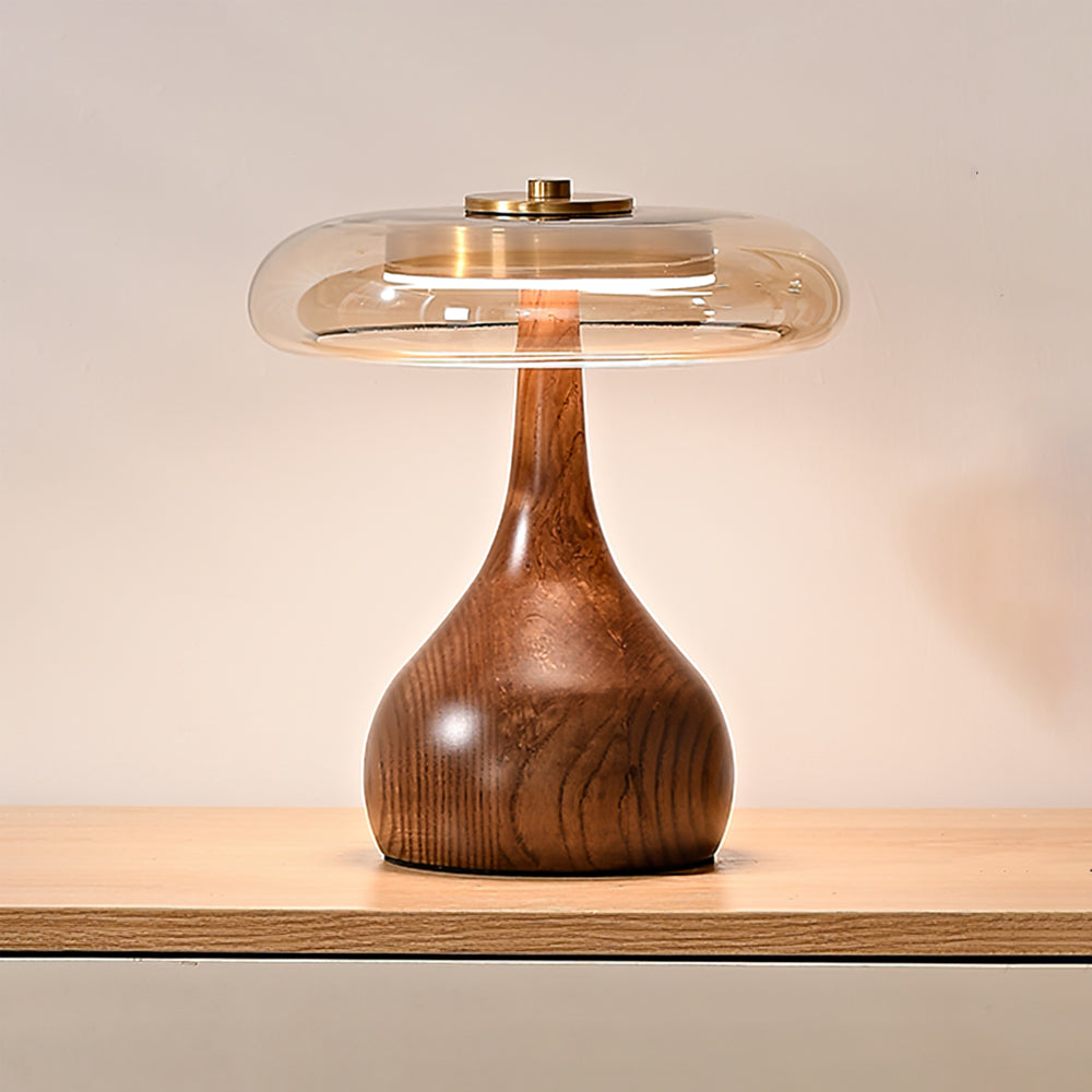 Glass Mushroom Lamp Amber Dome Shade Wood Base Dimmable Bedside Table Night Light