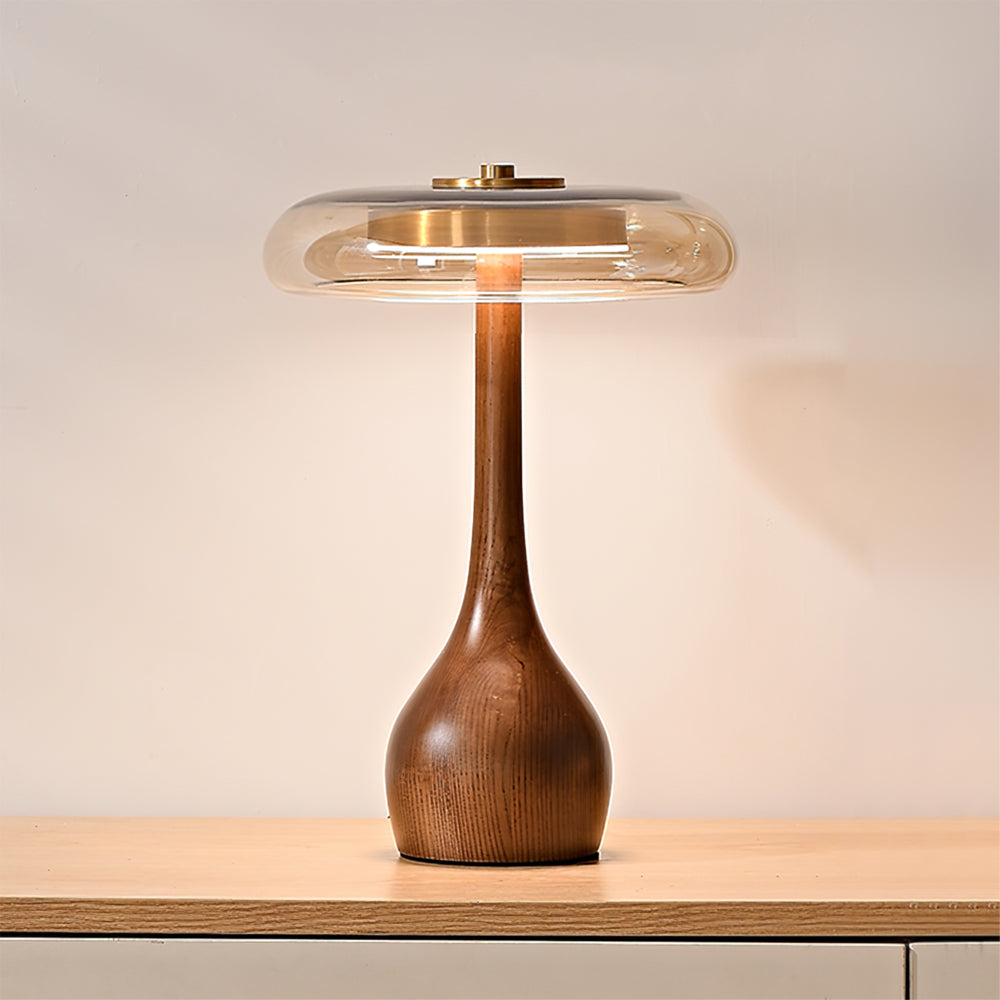 Glass Mushroom Lamp Amber Dome Shade Wood Base Dimmable Bedside Table Night Light