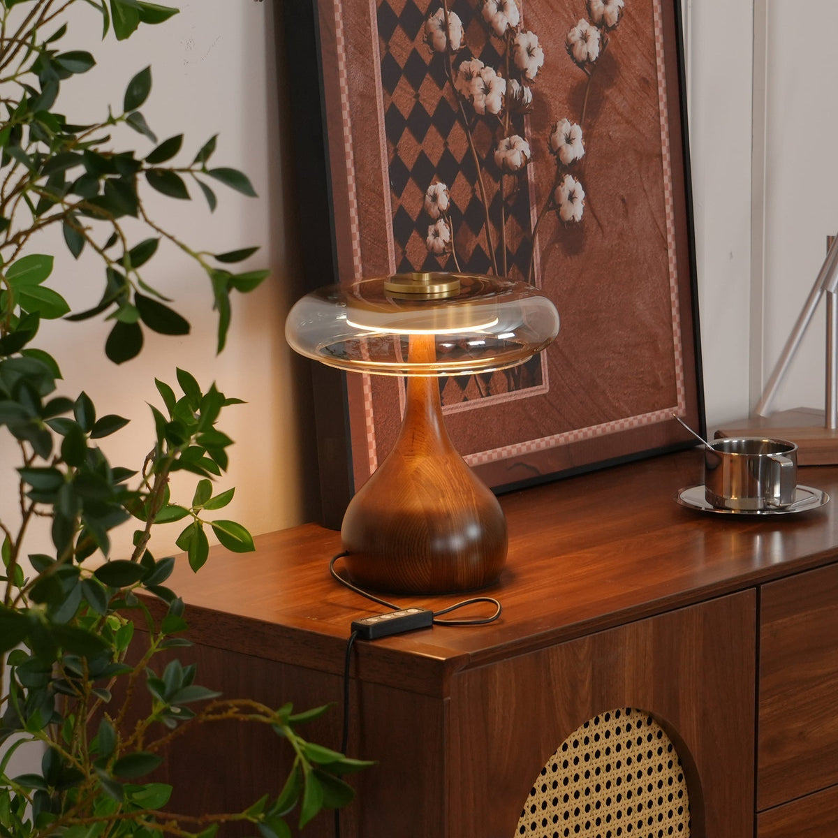 Glass Mushroom Lamp Amber Dome Shade Wood Base Dimmable Bedside Table Night Light