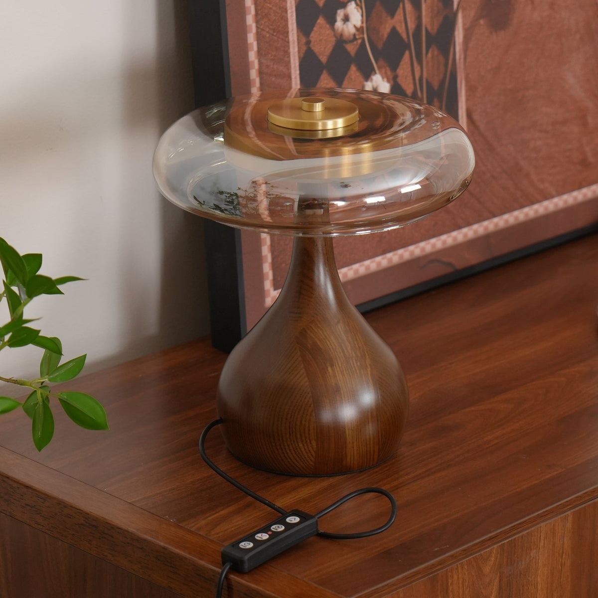 Glass Mushroom Lamp Amber Dome Shade Wood Base Dimmable Bedside Table Night Light