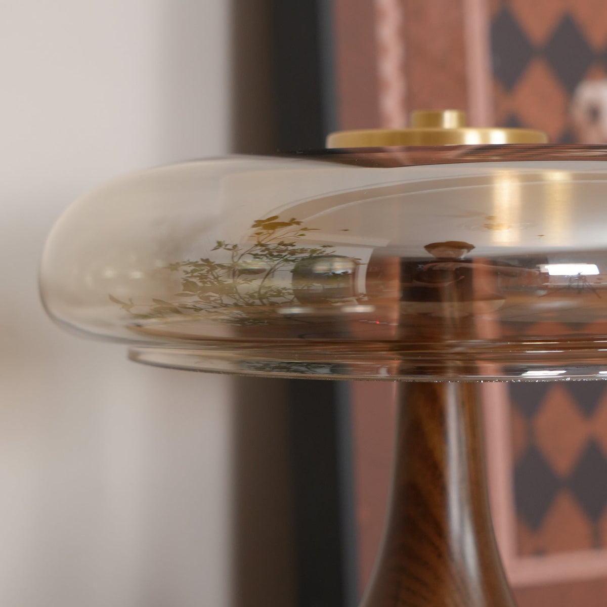 Glass Mushroom Lamp Amber Dome Shade Wood Base Dimmable Bedside Table Night Light