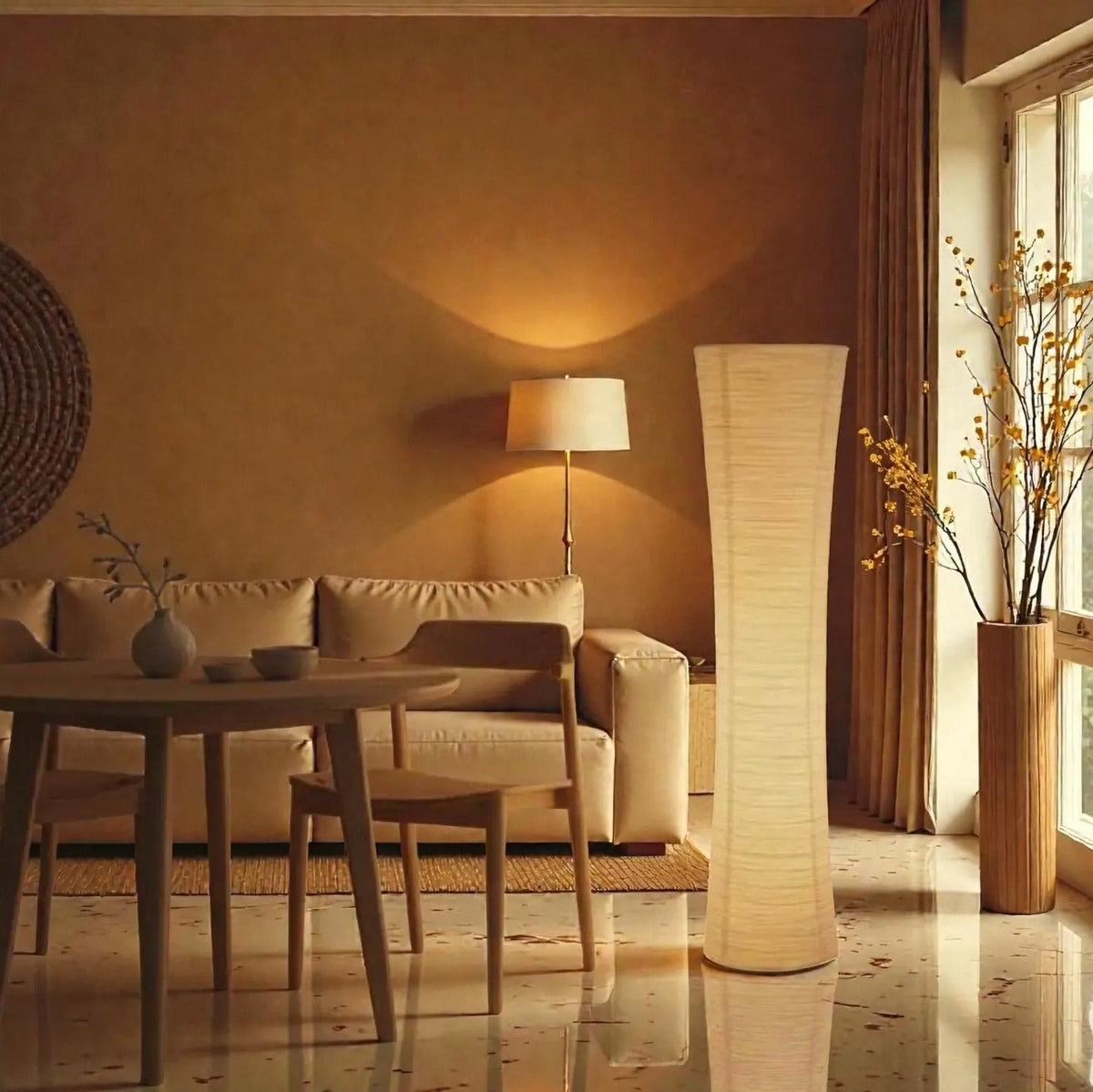 Ribbed Ivory Floor Lamp Tall Column Curved Paper Shade Accent Lighting Living Room