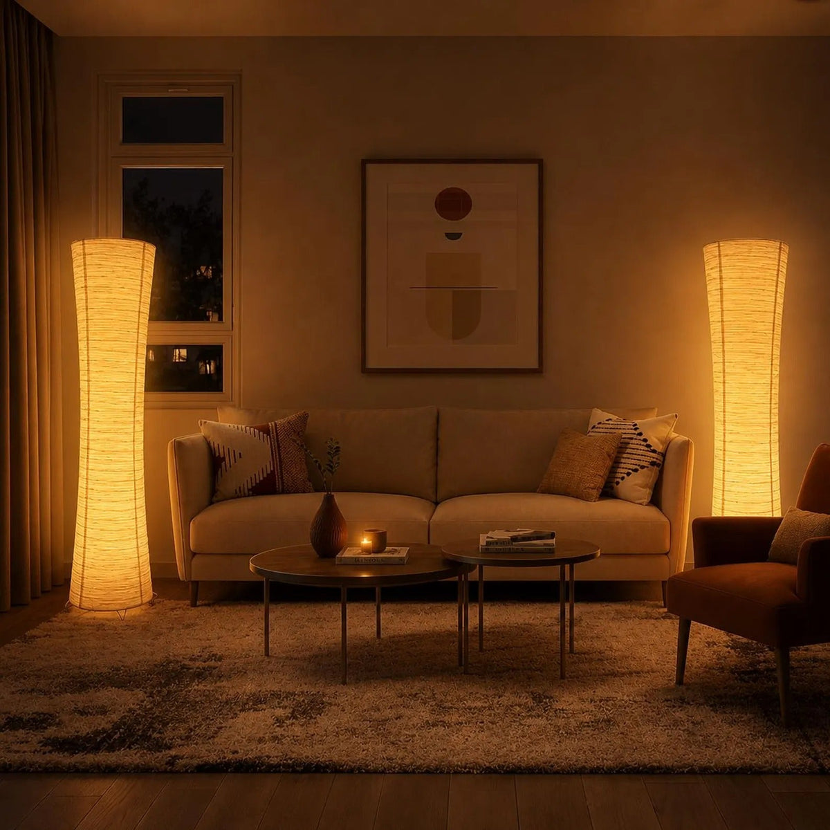 Ribbed Ivory Floor Lamp Tall Column Curved Paper Shade Accent Lighting Living Room