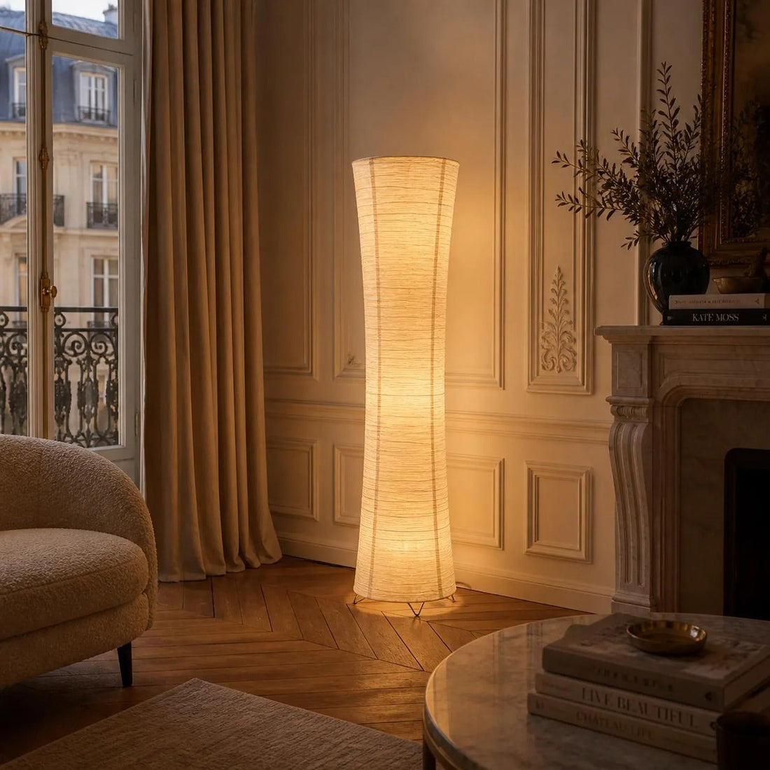 Ribbed Ivory Floor Lamp Tall Column Curved Paper Shade Accent Lighting Living Room