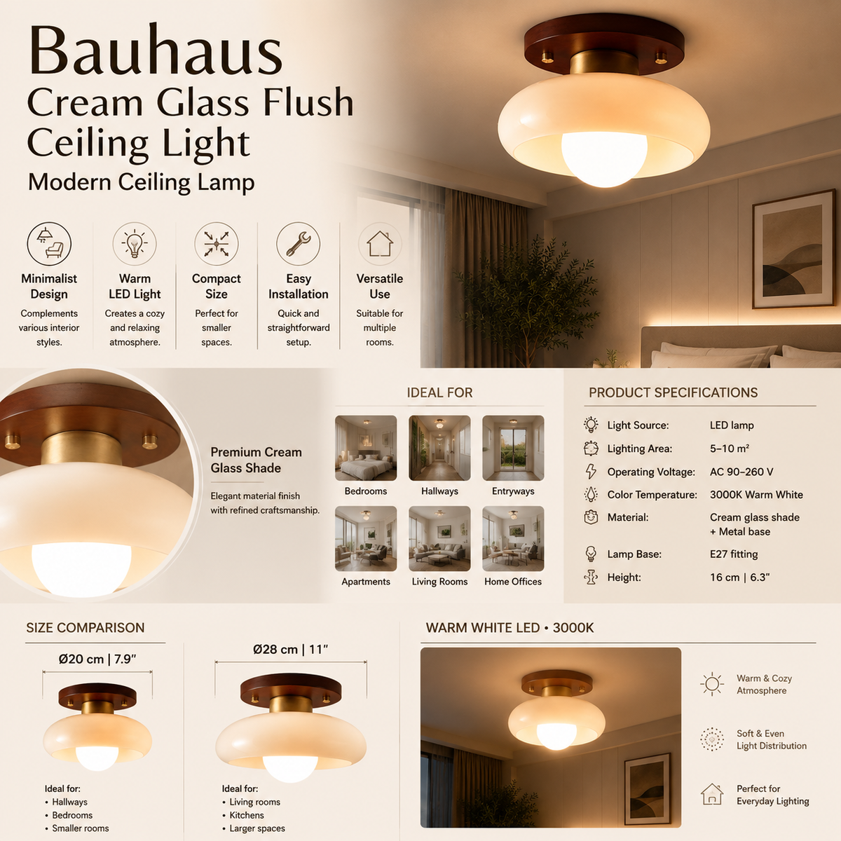 Glass Flush Ceiling Light Cream Dome Shade Wood Brass Base LED Semi Flush Mount