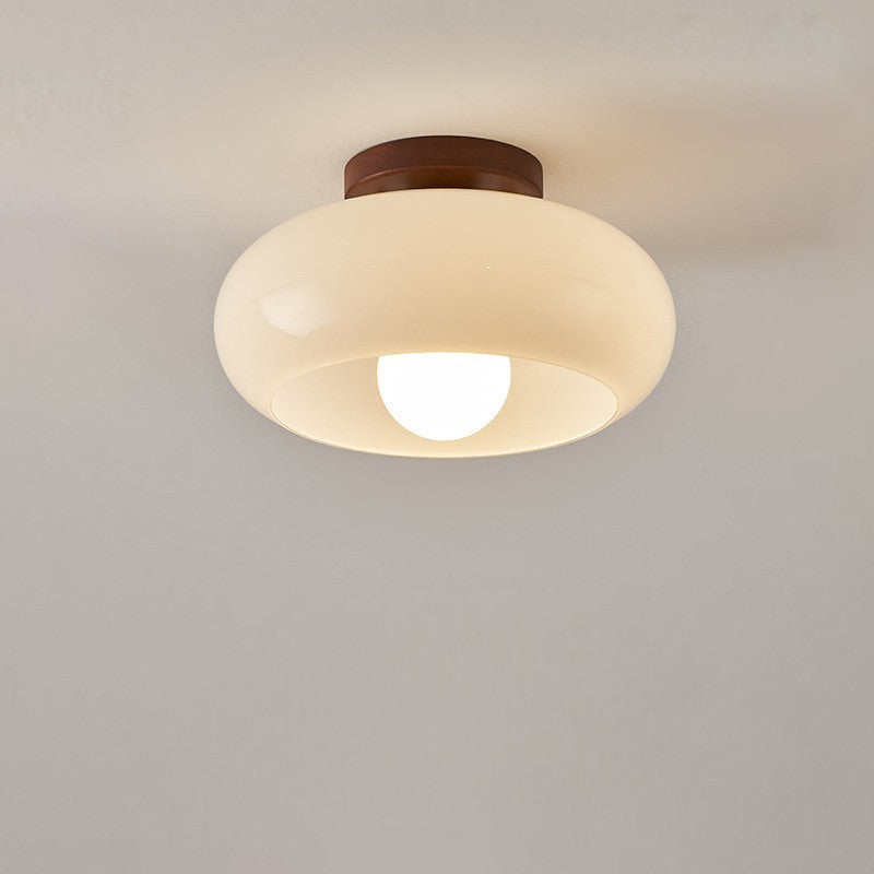 Glass Flush Ceiling Light Cream Dome Shade Wood Brass Base LED Semi Flush Mount