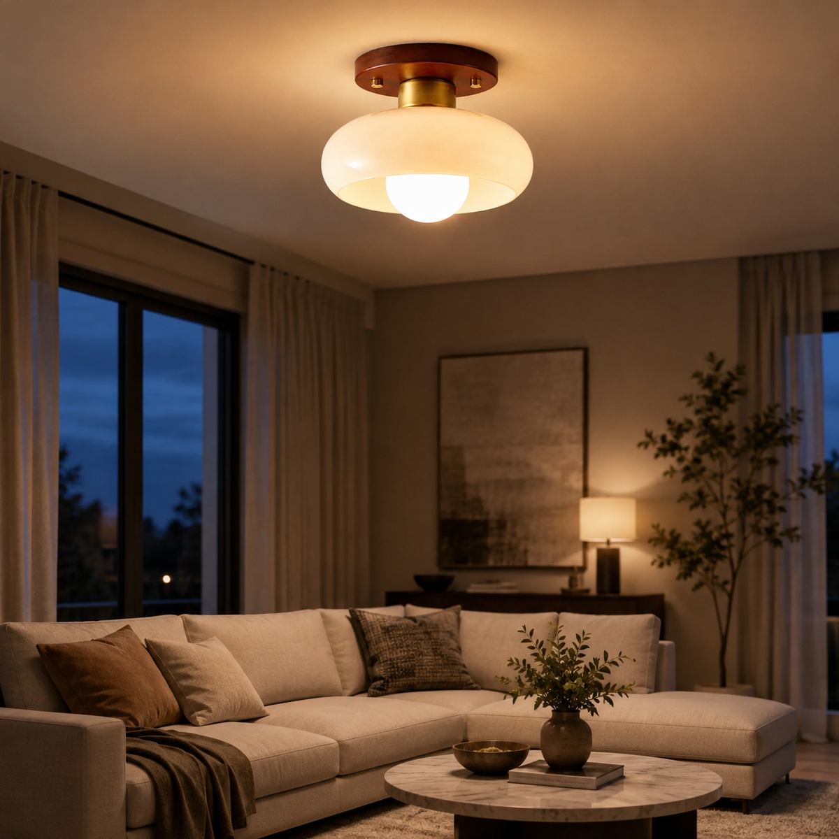 Glass Flush Ceiling Light Cream Dome Shade Wood Brass Base LED Semi Flush Mount