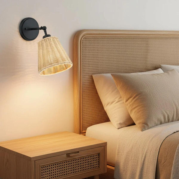 Battery Wall Sconce Rattan Tapered Shade Black Finish Adjustable Arm Bedroom Lighting