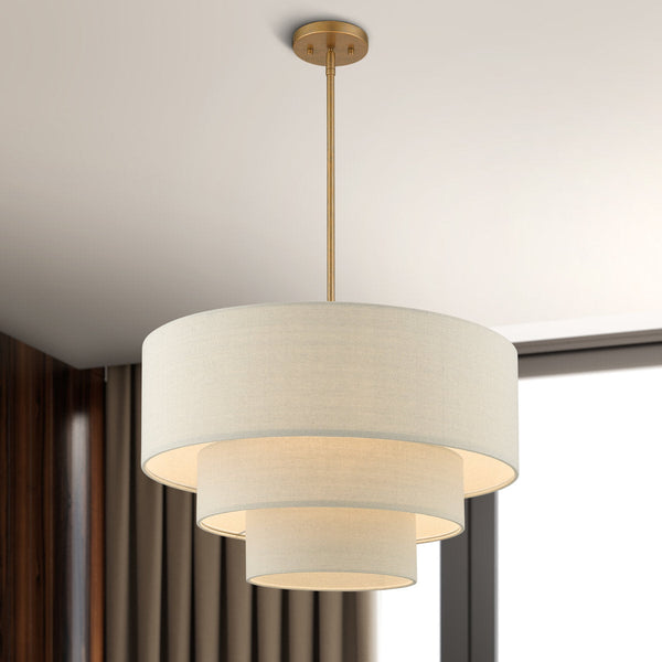 Drum Light Chandelier 4-Light 3-Tier Cream Pendant Gold Finish Bedroom Dining