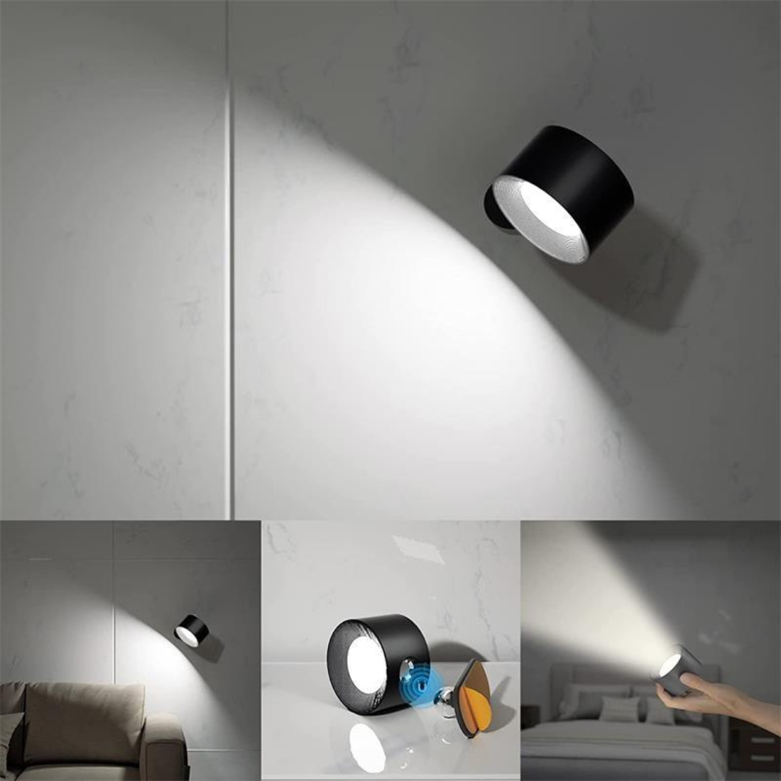 Wall Light Fixture Cordless Rechargeable 360° Rotating LED Black Touch Control Bedside Reading