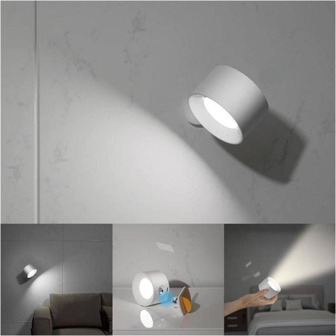Wall Light Fixture Cordless Rechargeable 360° Rotating LED Black Touch Control Bedside Reading
