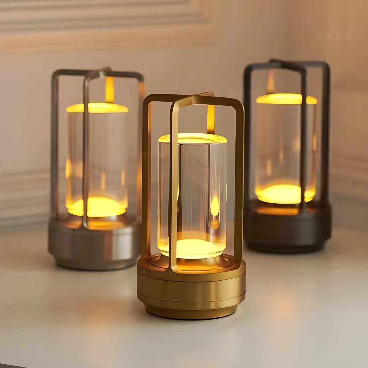 Rechargeable Table Lamp Caged Crystal Glass Cylinder Cordless Dimmable Bedside Light