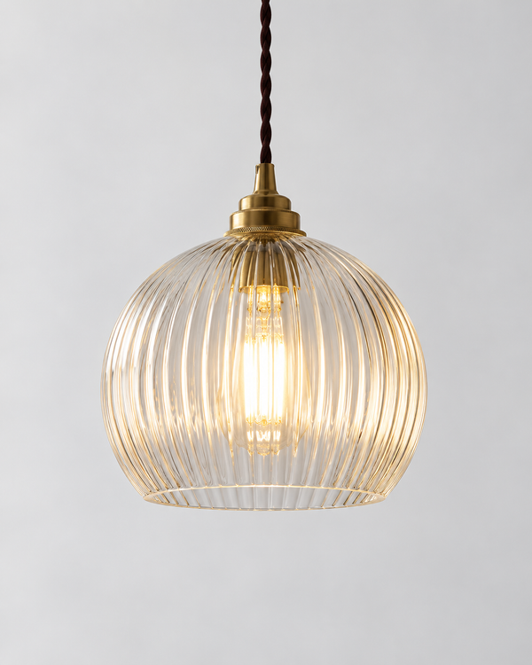 Ribbed Glass Pendant Light Clear Round Globe Brass Fitting Hanging Ceiling Lamp
