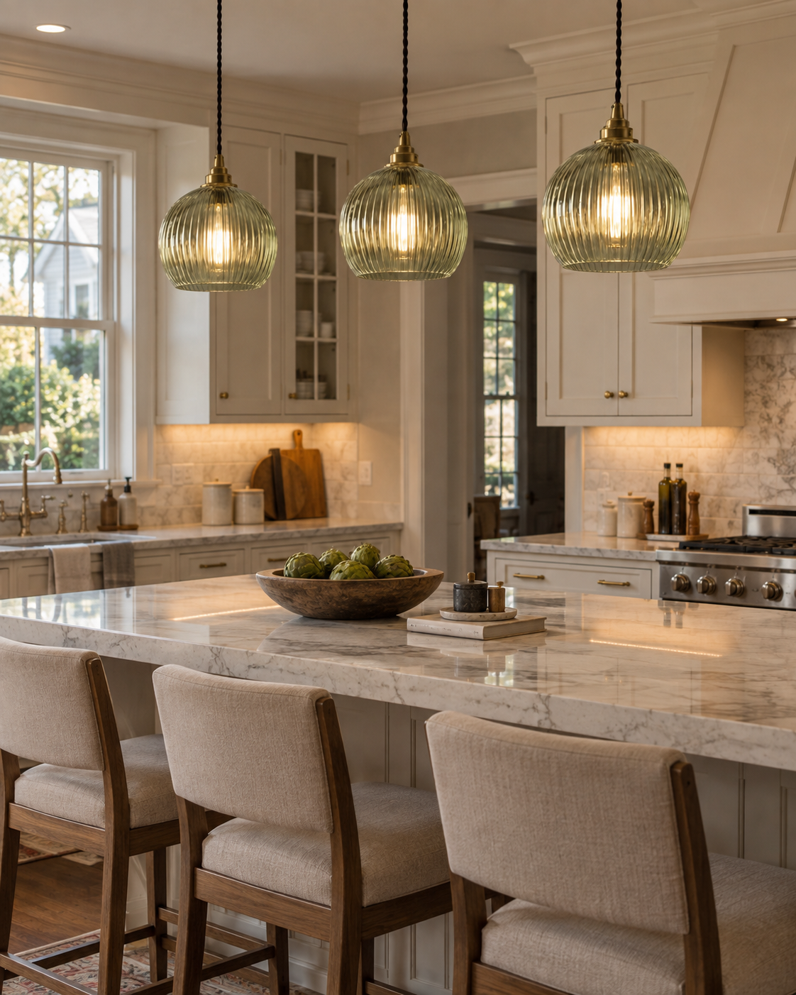 Ribbed Glass Pendant Light Clear Round Globe Brass Fitting Hanging Ceiling Lamp
