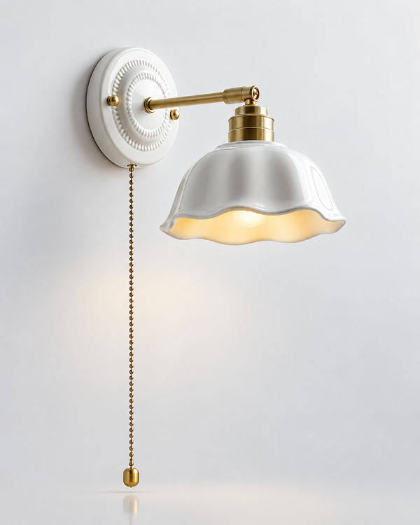Ceramic Wall Sconce Scalloped Dome Shade Brass Pull Chain Hardwired Bedroom Vanity Light
