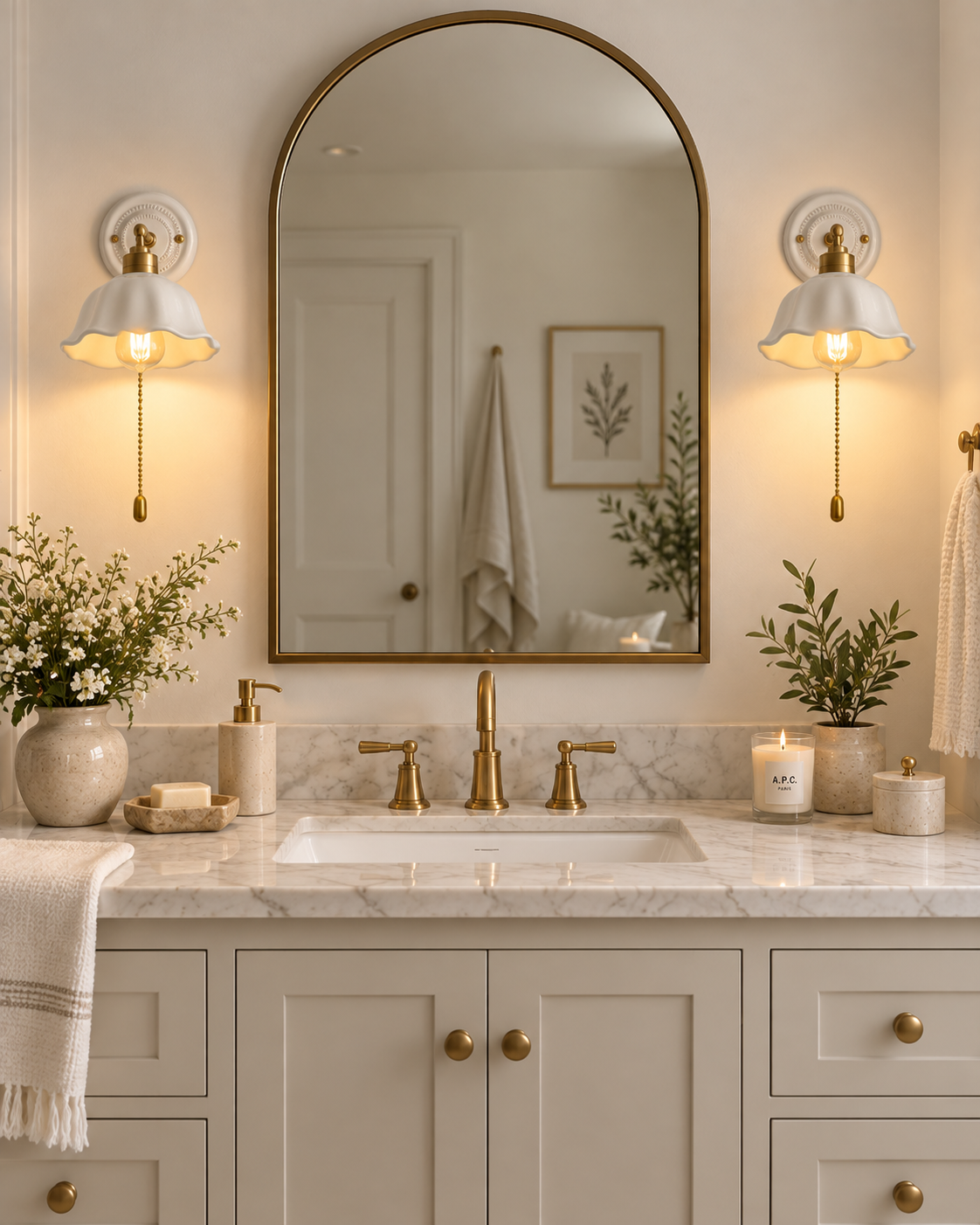 Ceramic Wall Sconce Scalloped Dome Shade Brass Pull Chain Hardwired Bedroom Vanity Light