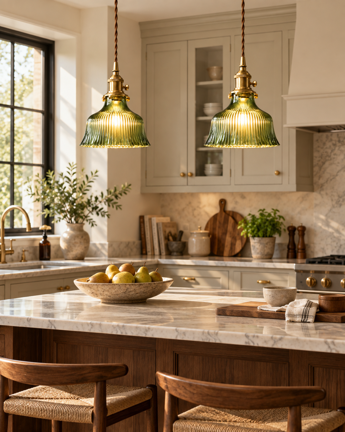 Green Glass Pendant Light Scalloped Bell Shade Brass Fitting Kitchen Ceiling Lighting