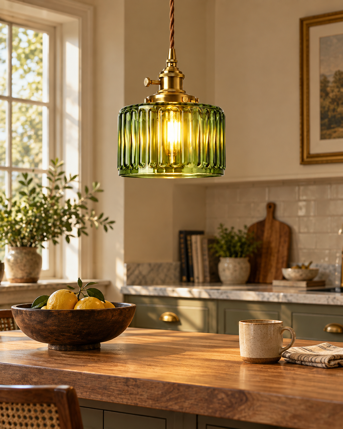 Green Glass Pendant Light Scalloped Bell Shade Brass Fitting Kitchen Ceiling Lighting