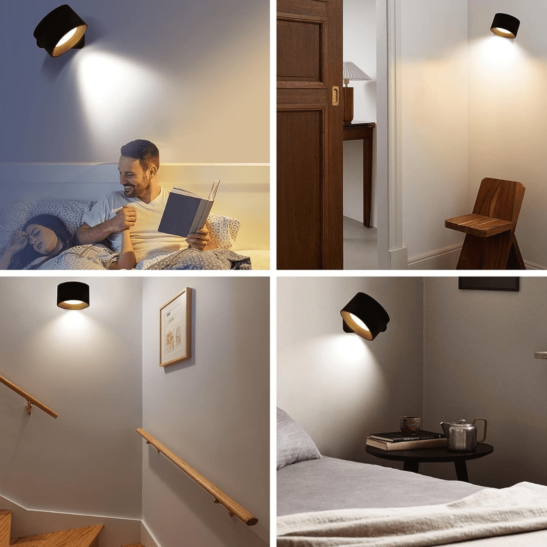 Wall Light Fixture Cordless Rechargeable 360° Rotating LED Black Touch Control Bedside Reading