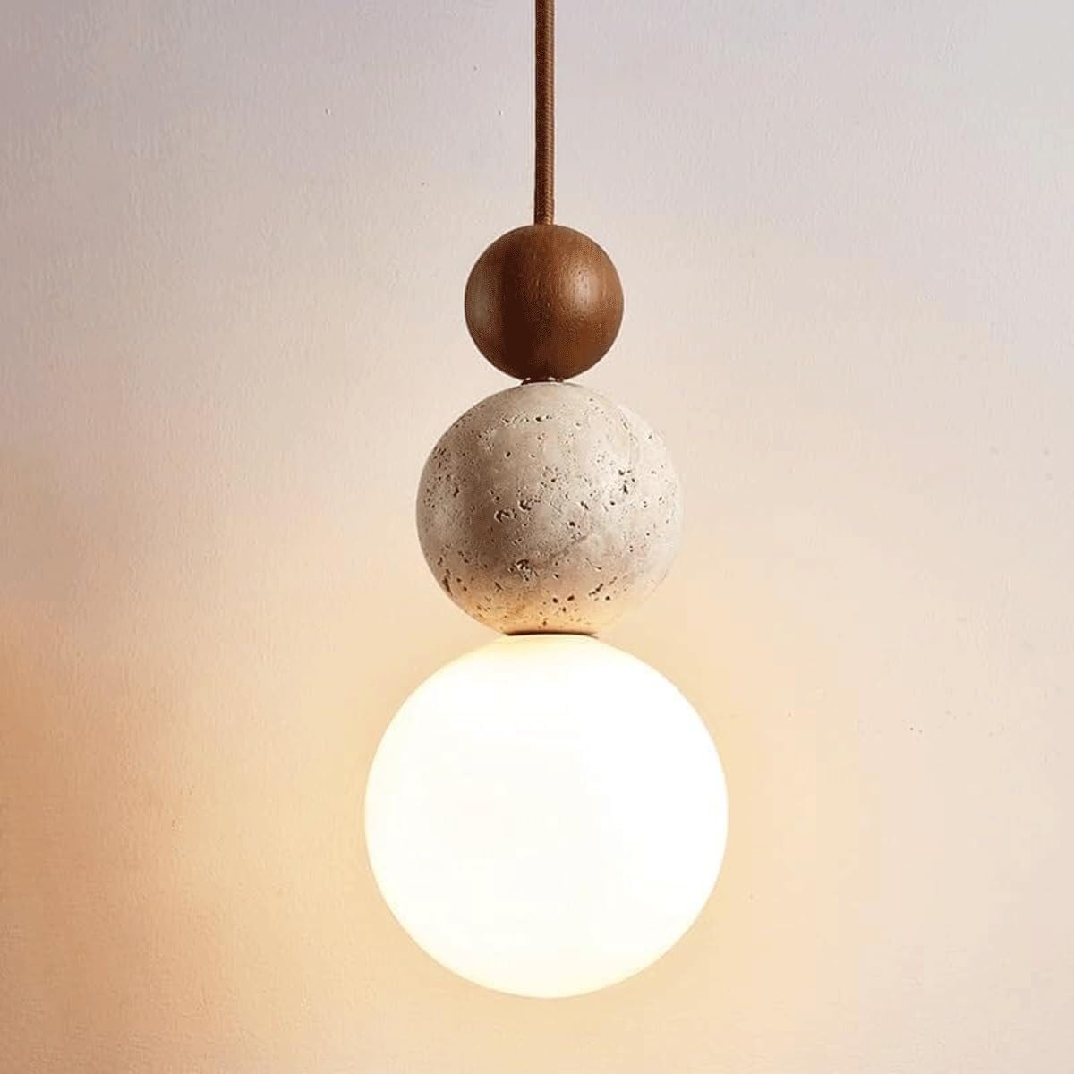 Wood Pendant Light Scandinavian Travertine Glass Globe Walnut Dimmable LED Dining Kitchen