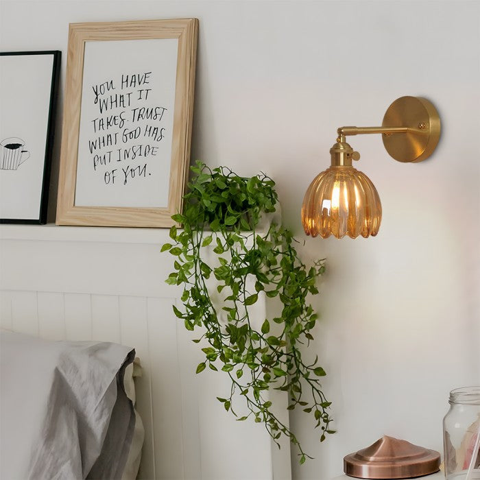 Art Deco Wall Sconce Fluted Glass Dome Shade Brass Finish Adjustable Bedroom Lighting