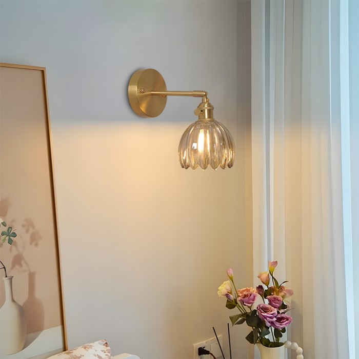 Art Deco Wall Sconce Fluted Glass Dome Shade Brass Finish Adjustable Bedroom Lighting